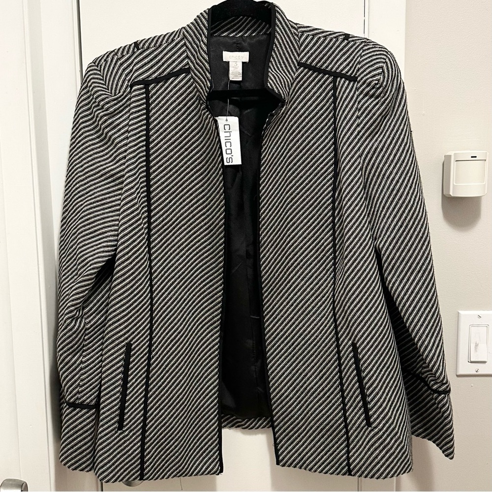 Chico’s Diagonal Jacquard Open Blazer Jacket Womens XL NWT black ivory